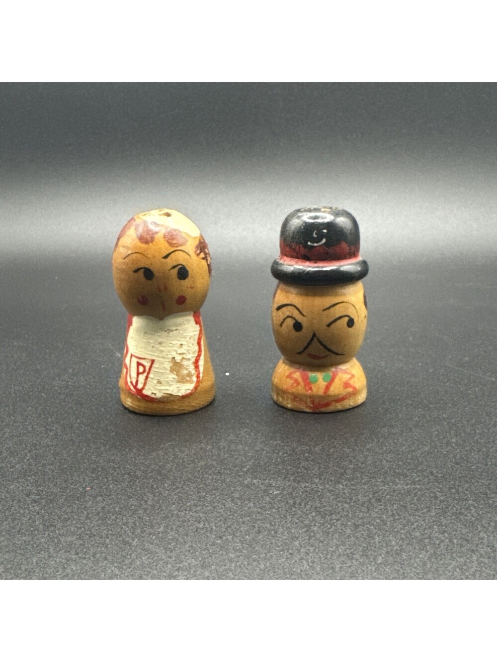 Vintage 1950s Small Wooden Hand-painted Man & Woman Salt and Pepper Shakers